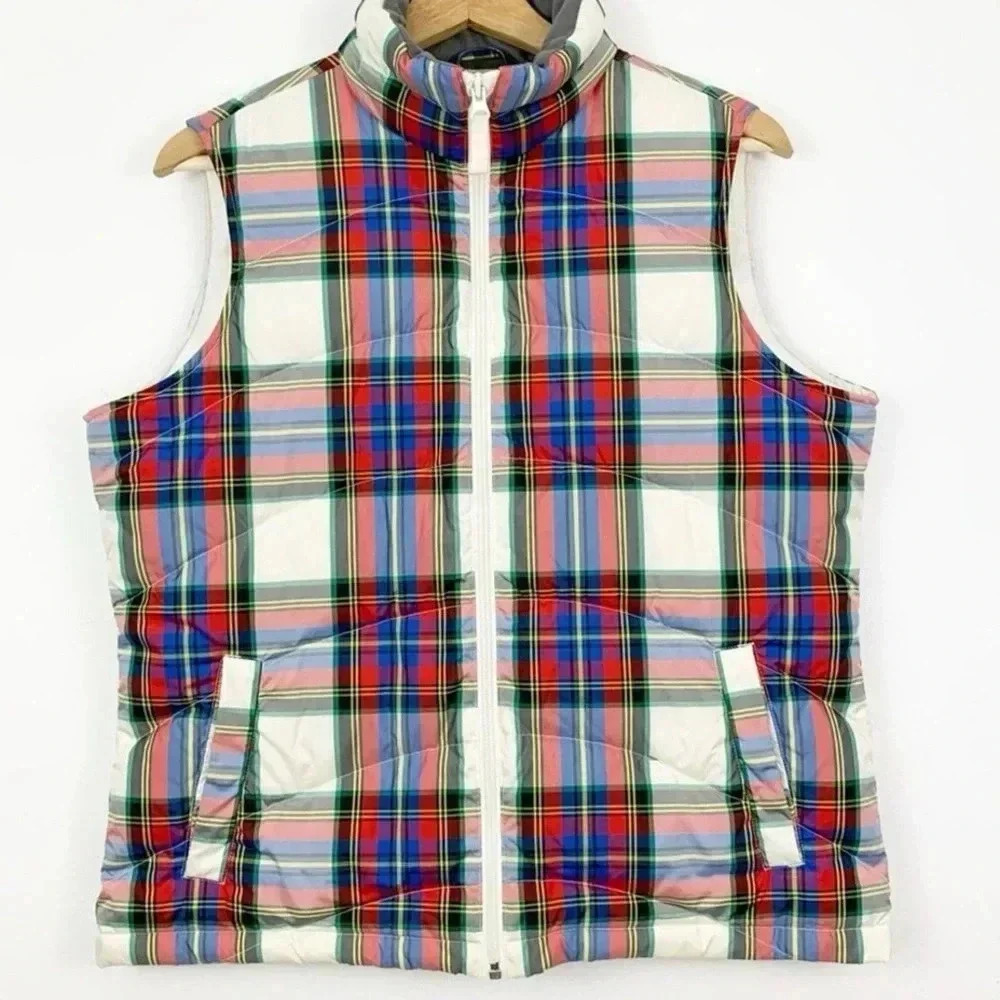 Lands' End Plaid Quilted Puffer Vest in Red, Blue, Green & White